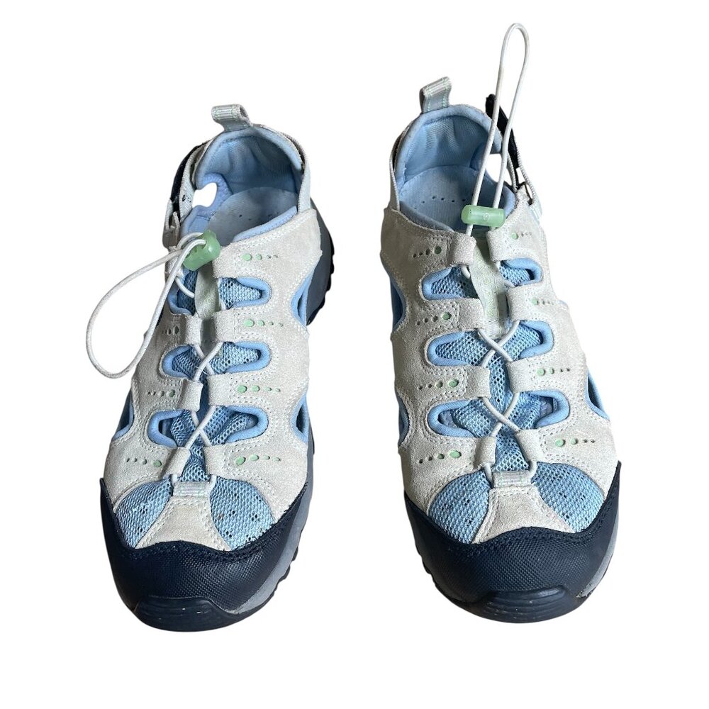 Lands’ End Womens Size 8 1/2 B Hiking Sandals Gray Blue Bungee Lace Trail Shoes